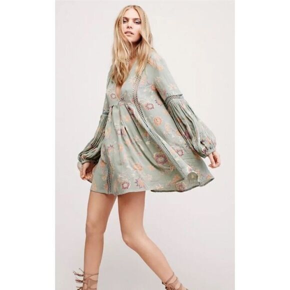 Free People Just The Two Of Us Floral Lace Inset Tunic Dress Mint Green Small - Picture 2 of 13